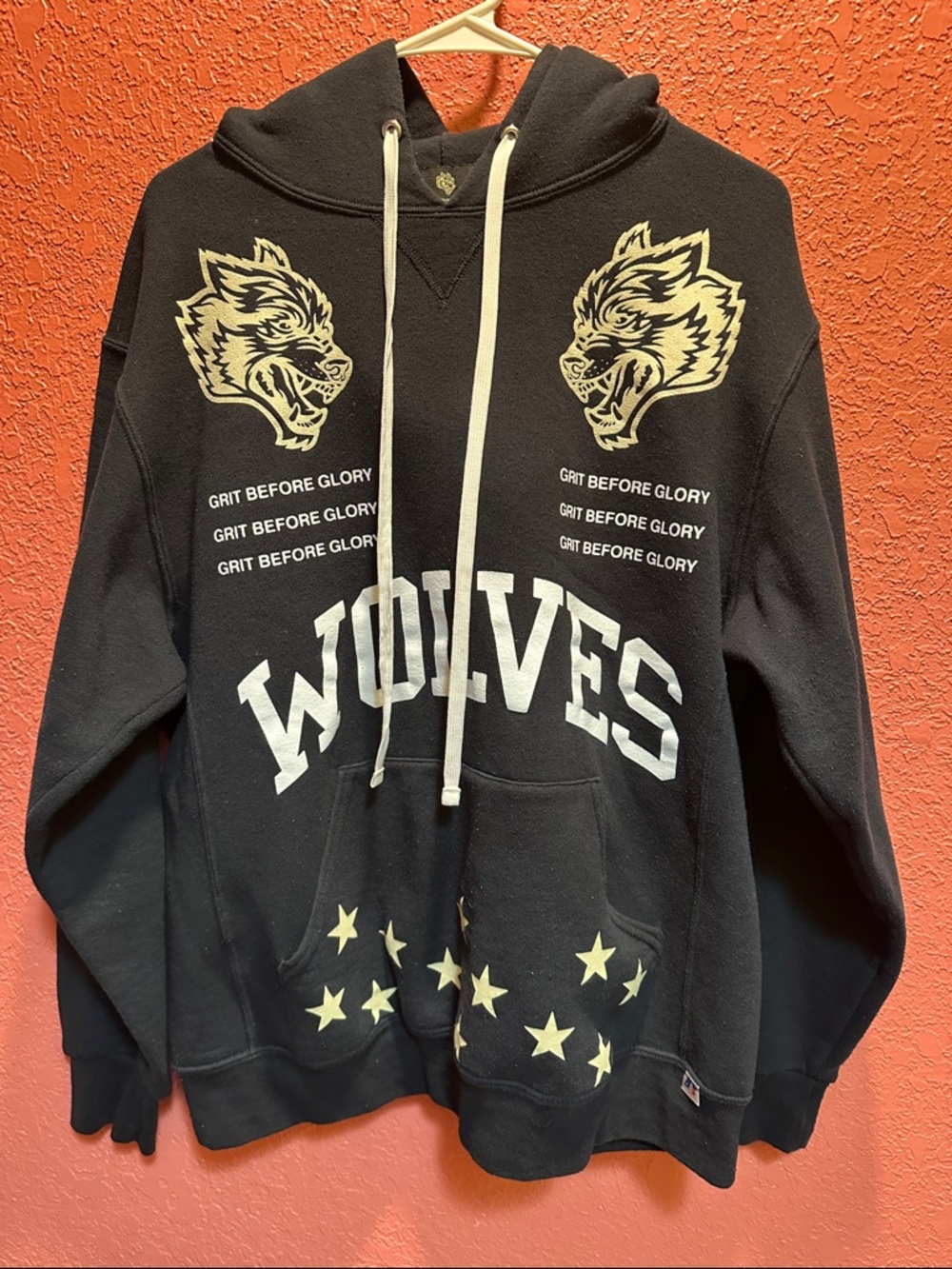 Black "Wolves" Graphic Hoodie with Cream Prints